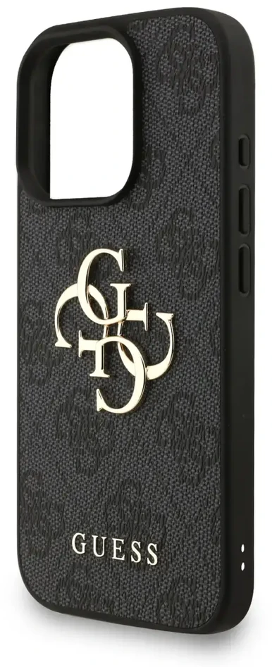 Guess PU 4G Metal Logo Strap dėklas skirtas Apple iPhone 16 Pro Max juodos spalvos
