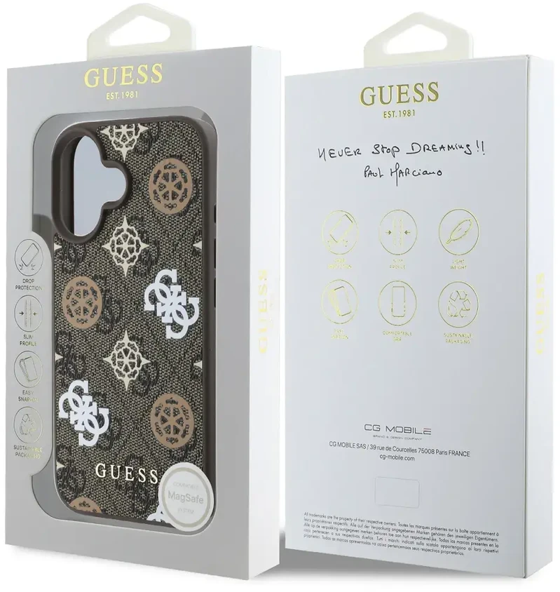 Guess PU 4G Peony MagSafe Apple iPhone 16 dėklas telefonui rudos spalvos
