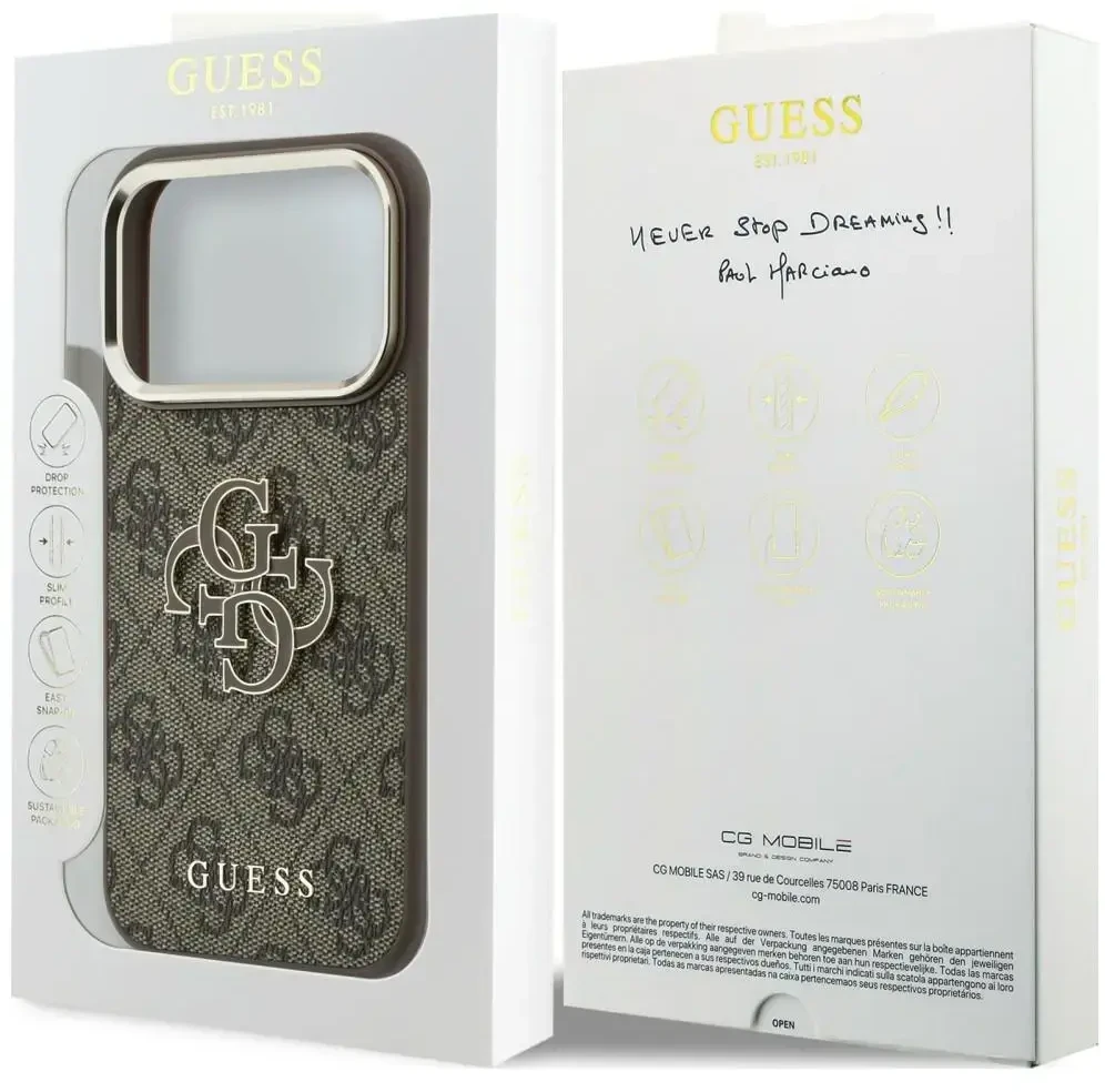 Dėklas Guess 4G & Big Resin Logo skirtas iPhone 18 Pro / iPhone 17 Pro rudas