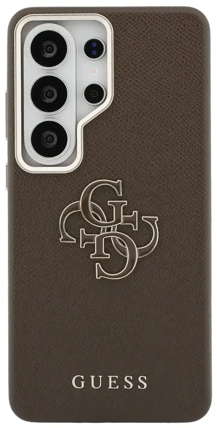 „Guess“ PU 4G metalinis dervos logotipo telefono dėklas, skirtas „Samsung Galaxy S26 Ultra“ (S948), rudas