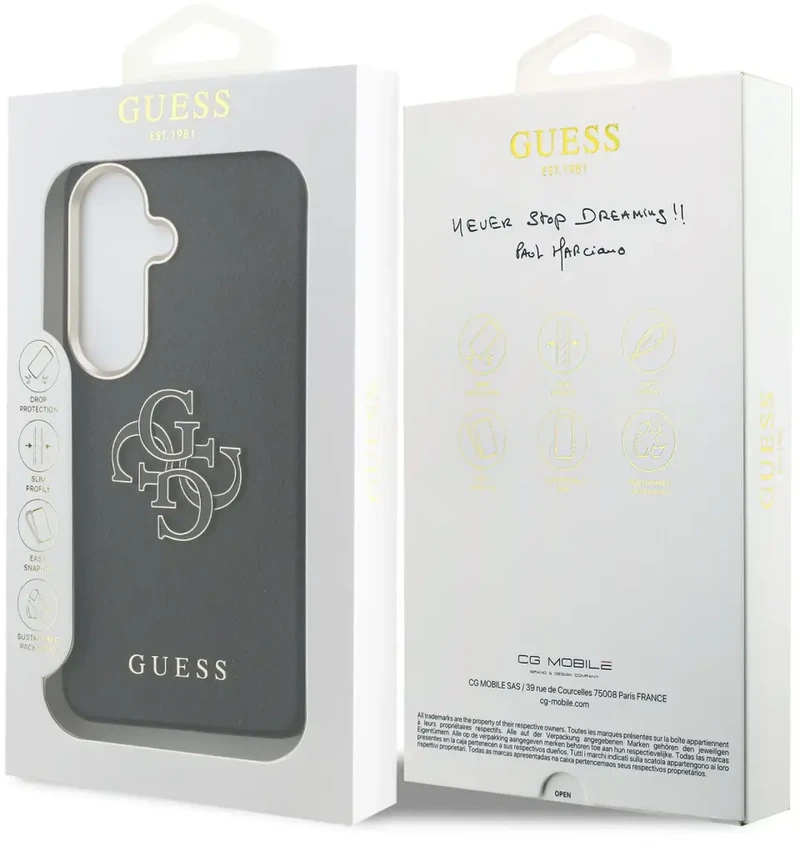 Guess PU 4G dervos metalinis logotipo telefono dėklas, skirtas Samsung Galaxy S26+ (S947) juodas