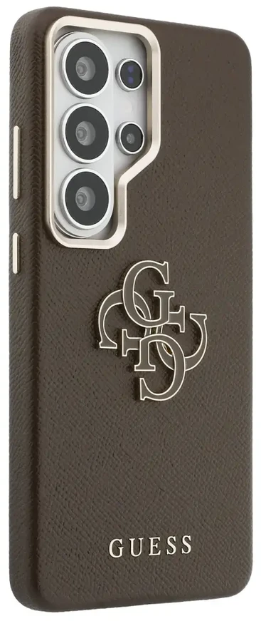 „Guess“ PU 4G metalinis dervos logotipo telefono dėklas, skirtas „Samsung Galaxy S26 Ultra“ (S948), rudas