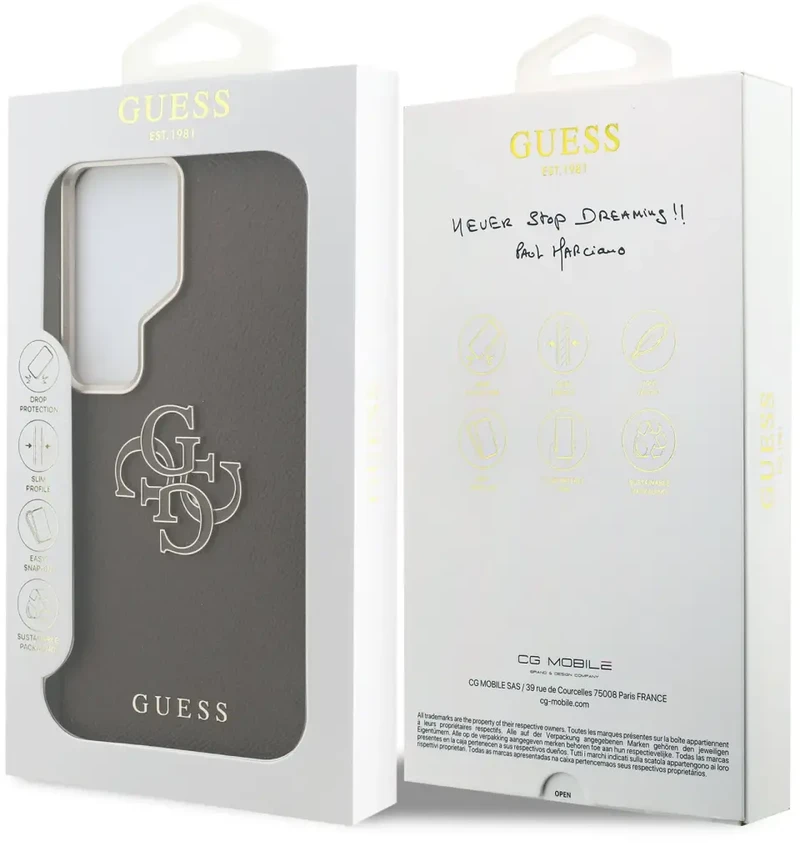 „Guess“ PU 4G metalinis dervos logotipo telefono dėklas, skirtas „Samsung Galaxy S26 Ultra“ (S948), rudas