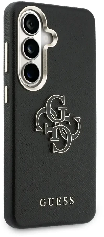 Guess PU 4G dervos metalinis logotipo telefono dėklas, skirtas Samsung Galaxy S26+ (S947) juodas