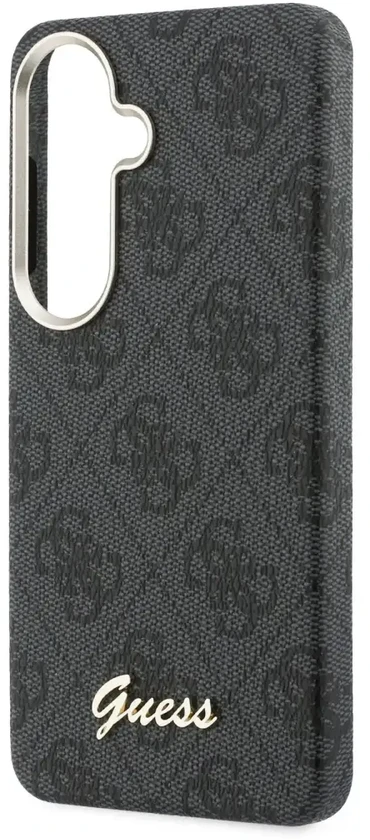 Guess PU 4G Script Metal Logo telefono dėklas su MagSafe palaikymu, skirtas Samsung Galaxy S26 (S942), juodas