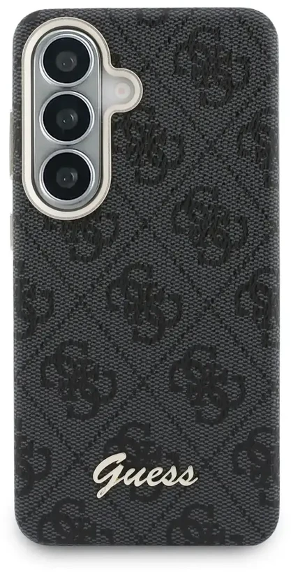 Guess PU 4G Script Metal Logo telefono dėklas su MagSafe palaikymu, skirtas Samsung Galaxy S26 (S942), juodas