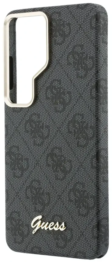 „Guess PU 4G Script Metal Logo“ telefono dėklas su „MagSafe“ palaikymu, skirtas „Samsung Galaxy S26 Ultra“ (S948) (juodas)