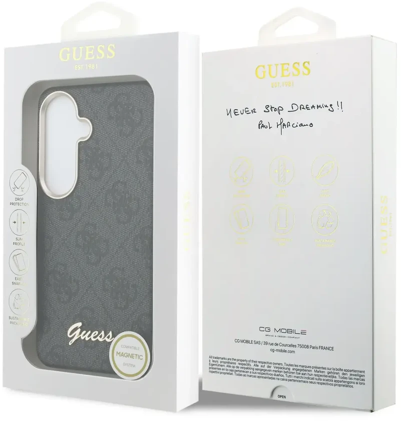 Guess PU 4G Script Metal Logo telefono dėklas su MagSafe palaikymu, skirtas Samsung Galaxy S26 (S942), juodas