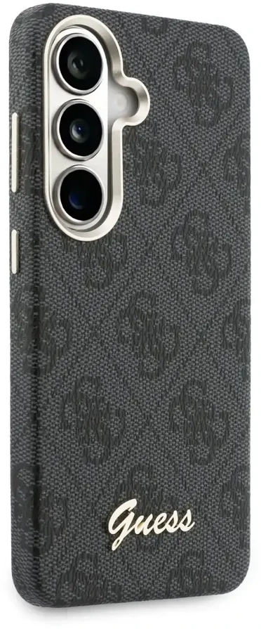 Guess PU 4G Script Metal Logo telefono dėklas su MagSafe palaikymu, skirtas Samsung Galaxy S26 (S942), juodas