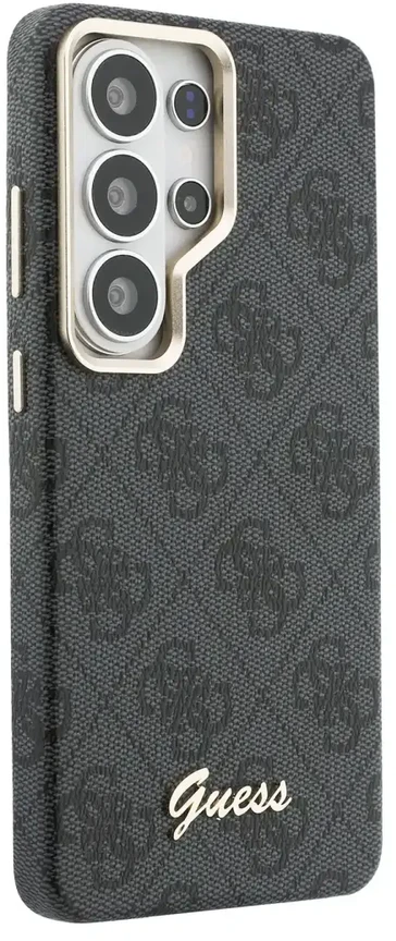 „Guess PU 4G Script Metal Logo“ telefono dėklas su „MagSafe“ palaikymu, skirtas „Samsung Galaxy S26 Ultra“ (S948) (juodas)