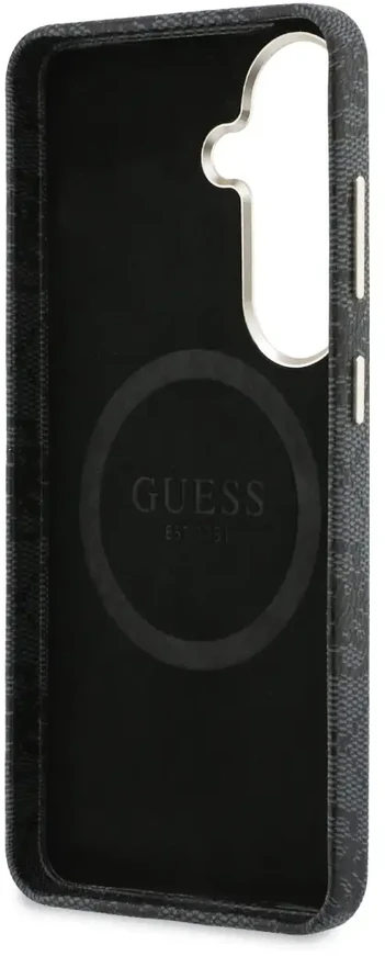 Guess PU 4G Script Metal Logo telefono dėklas su MagSafe palaikymu, skirtas Samsung Galaxy S26 (S942), juodas