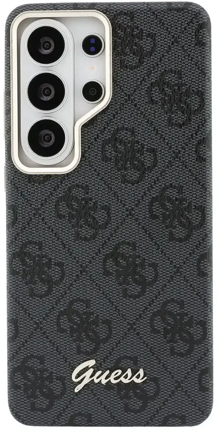 „Guess PU 4G Script Metal Logo“ telefono dėklas su „MagSafe“ palaikymu, skirtas „Samsung Galaxy S26 Ultra“ (S948) (juodas)