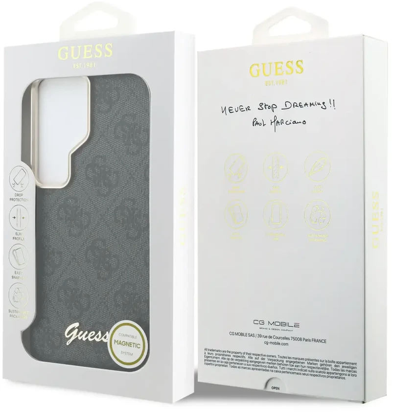 „Guess PU 4G Script Metal Logo“ telefono dėklas su „MagSafe“ palaikymu, skirtas „Samsung Galaxy S26 Ultra“ (S948) (juodas)