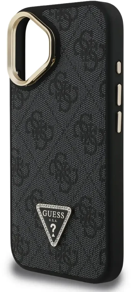 Guess PU 4G Strass Triangle Logo Stand Camera Frame MagSafe dėklas skirtas Apple iPhone 16 juodos spalvos