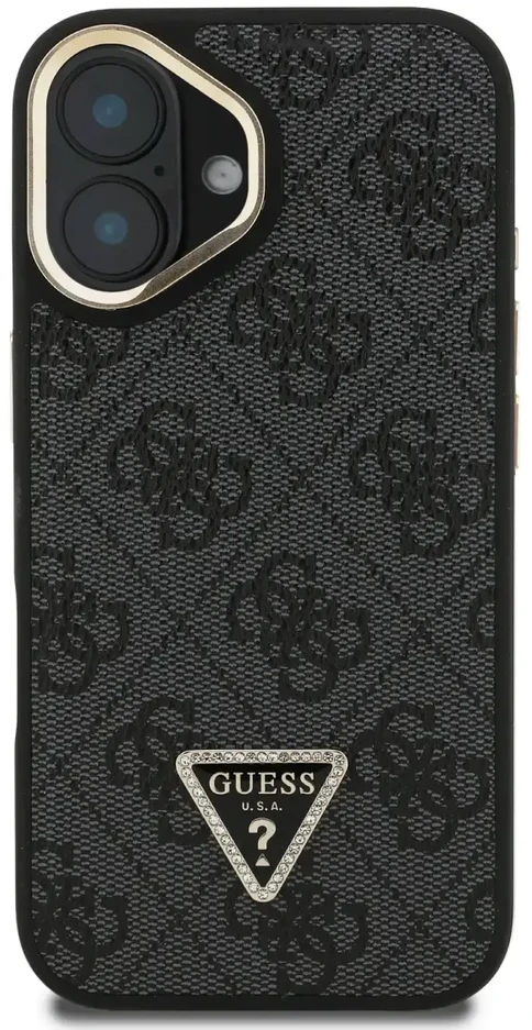 Guess PU 4G Strass Triangle Logo Stand Camera Frame MagSafe dėklas skirtas Apple iPhone 16 juodos spalvos