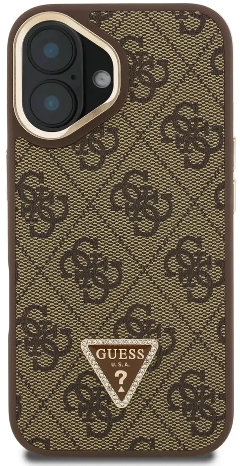 Guess PU 4G Strass Triangle Logo Stand Camera Frame MagSafe dėklas skirtas Apple iPhone 16 rudos spalvos