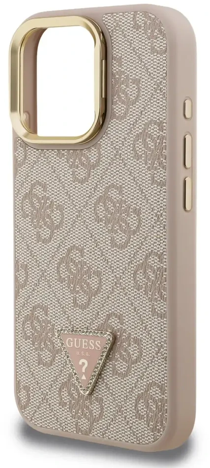 Guess PU 4G Strass Triangle Logo Stand Camera Frame MagSafe dėklas skirtas Apple iPhone 15 Pro Max rožinės spalvos