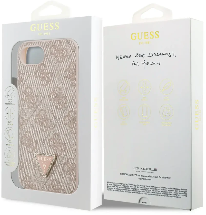 „Guess“ PU 4G Strass trikampio formos metalinis logotipo dėklas iPhone 16e, rožinis