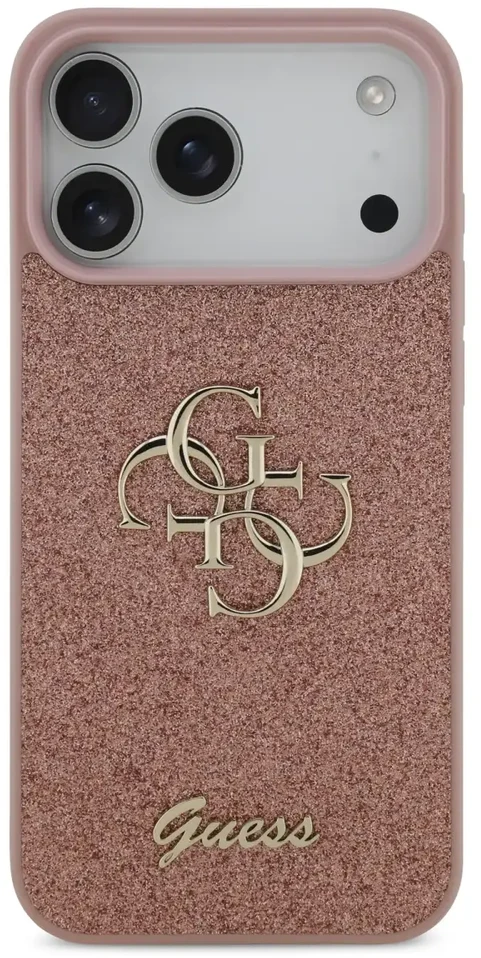 Guess PU fiksuotas blizgus 4G metalo logotipo telefonų dėklas iPhone 17 Pro Max rožinis
