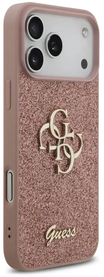 Guess PU fiksuotas blizgus 4G metalo logotipo telefonų dėklas iPhone 17 Pro Max rožinis