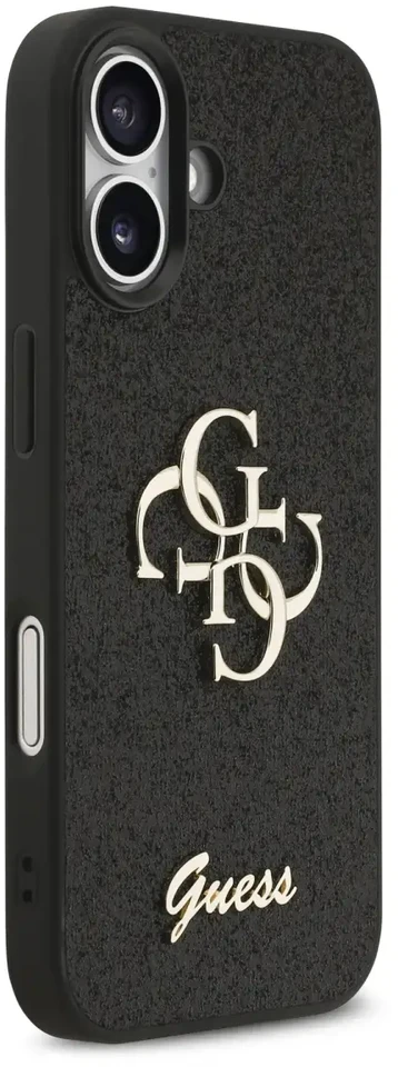 Guess PU Fixed Glitter 4G Metal Logo dėklas skirtas Apple iPhone 17 juodos spalvos
