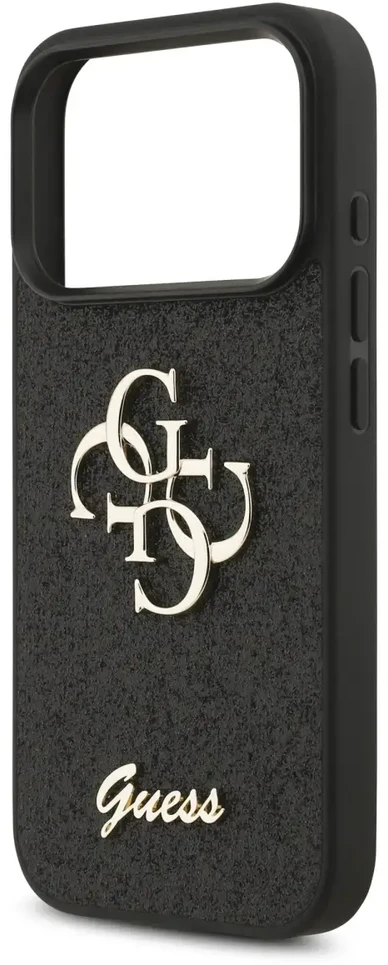 Guess PU Fixed Glitter 4G Metal Logo dėklas skirtas Apple iPhone 17 Pro juodos spalvos
