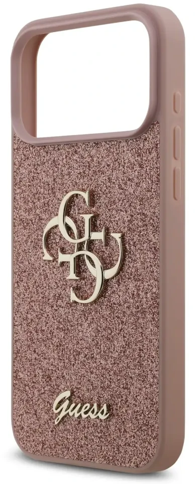 Guess PU fiksuotas blizgus 4G metalo logotipo telefonų dėklas iPhone 17 Pro Max rožinis