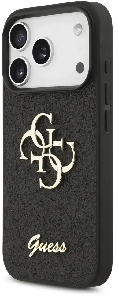 Guess PU Fixed Glitter 4G Metal Logo dėklas skirtas Apple iPhone 17 Pro juodos spalvos