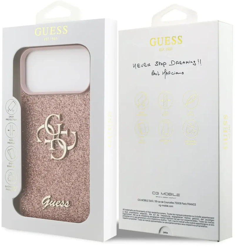 Guess PU fiksuotas blizgus 4G metalo logotipo telefonų dėklas iPhone 17 Pro Max rožinis