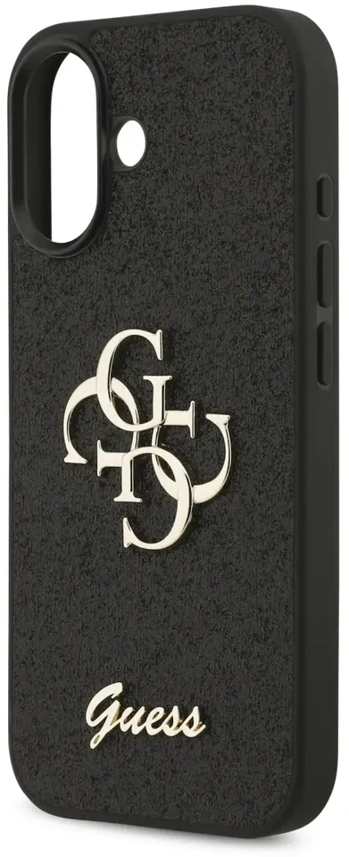 Guess PU Fixed Glitter 4G Metal Logo dėklas skirtas Apple iPhone 17 juodos spalvos