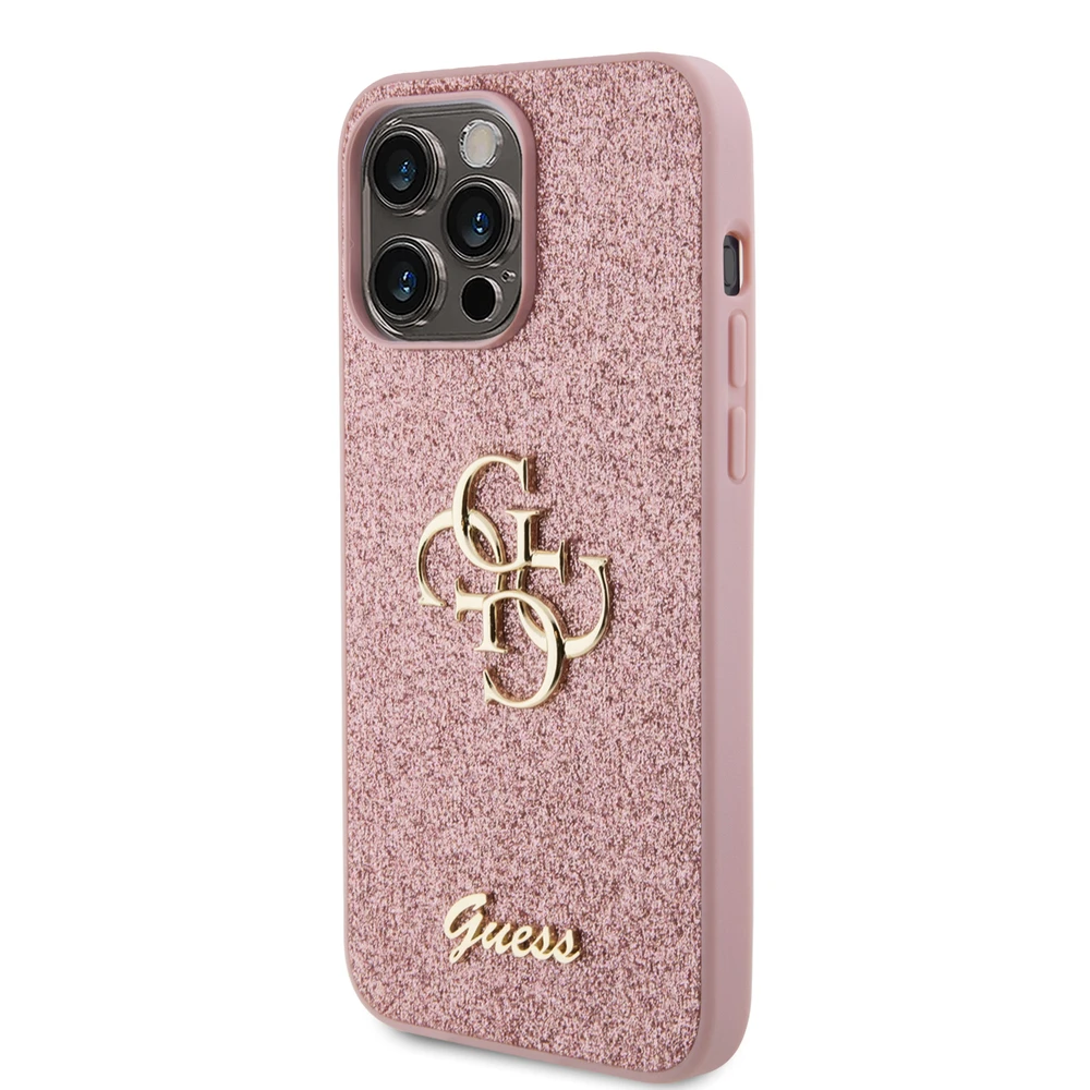 Guess PU Fixed Glitter 4G Metal Logo dėklas skirtas Apple iPhone 15 Pro Max rožinės spalvos