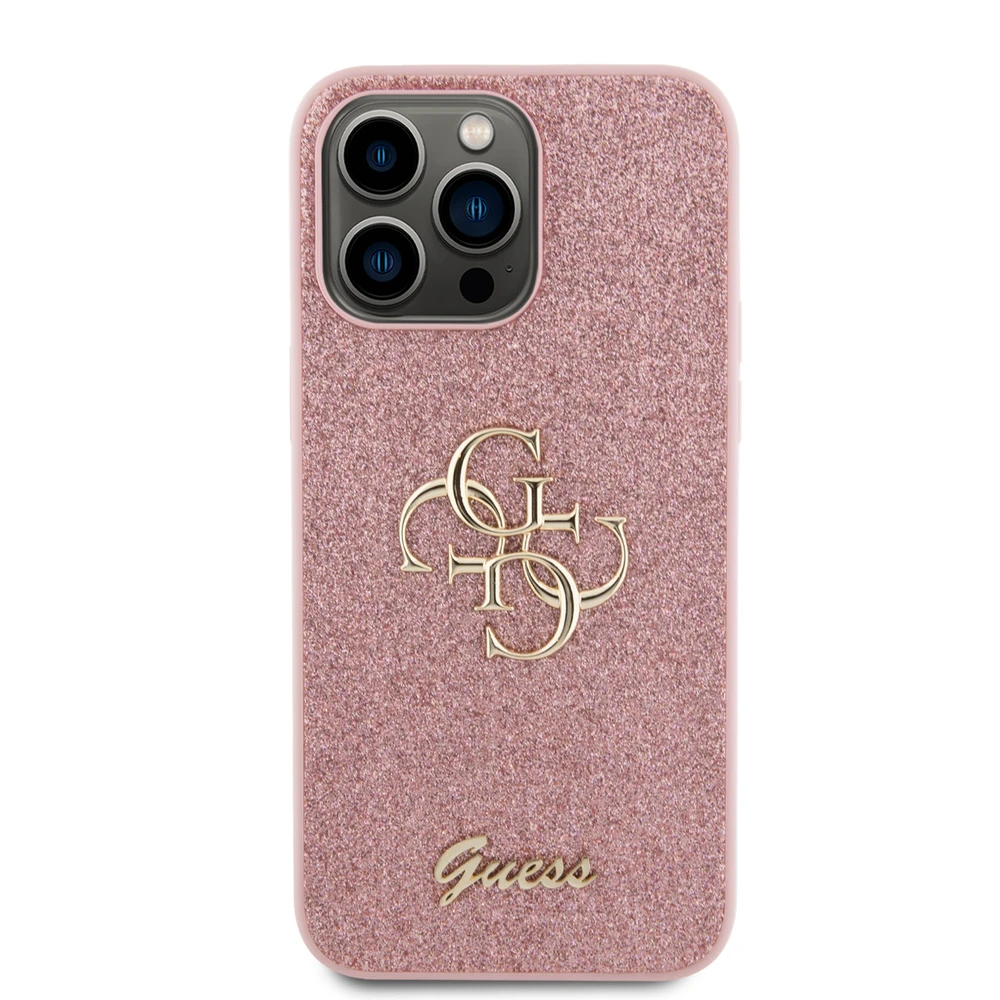 Guess PU Fixed Glitter 4G Metal Logo dėklas skirtas Apple iPhone 15 Pro Max rožinės spalvos
