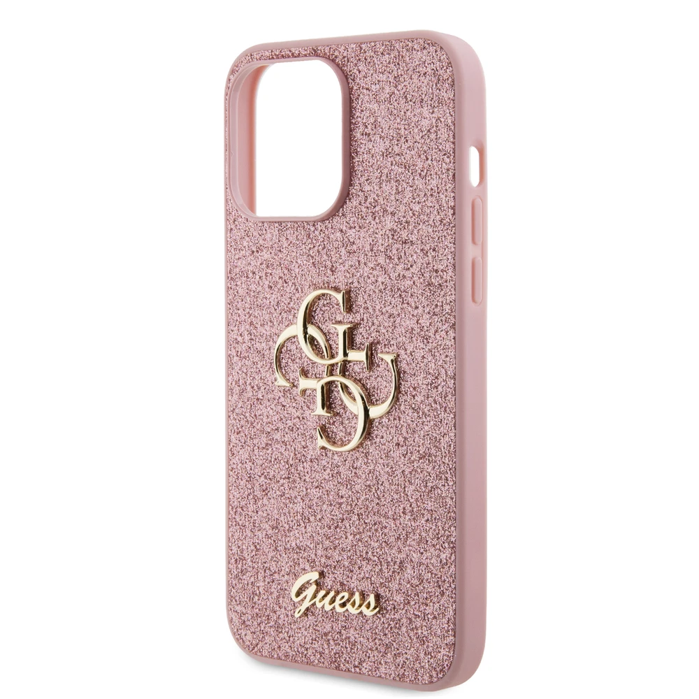 Guess PU Fixed Glitter 4G Metal Logo dėklas skirtas Apple iPhone 15 Pro Max rožinės spalvos