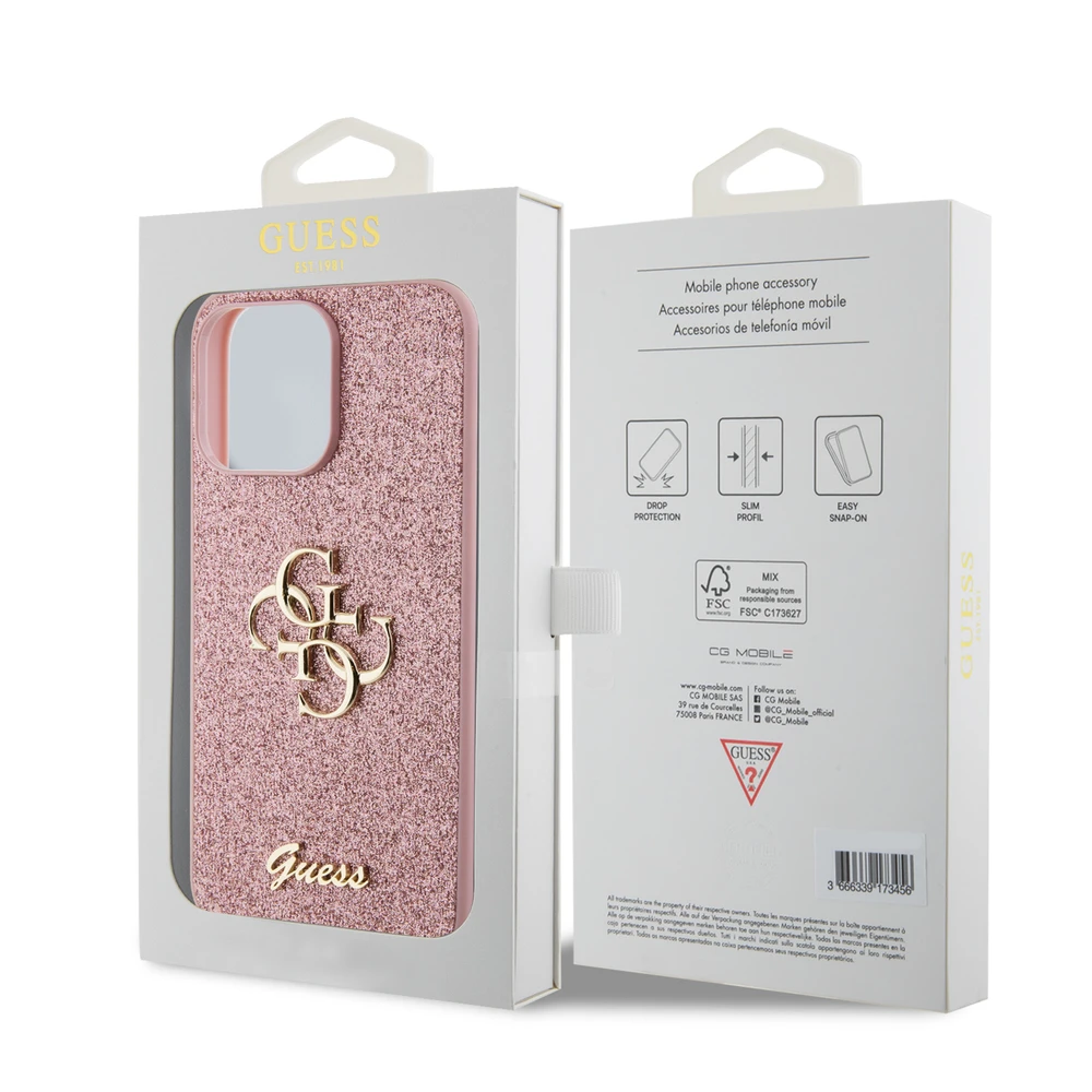 Guess PU Fixed Glitter 4G Metal Logo dėklas skirtas Apple iPhone 15 Pro Max rožinės spalvos