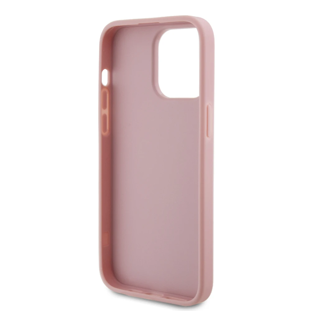 Guess PU Fixed Glitter 4G Metal Logo dėklas skirtas Apple iPhone 15 Pro Max rožinės spalvos