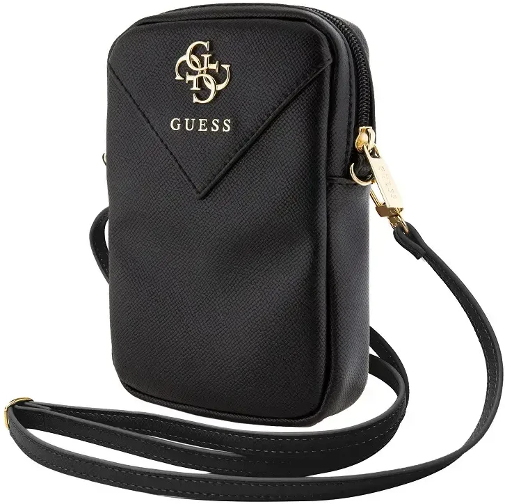 Guess PU Grained 4G Metal Logo Wallet krepšys telefonui Zipper juodos spalvos