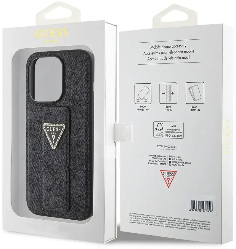 Guess GUHCP15XPGS4TDK Apple iPhone 15 Pro Max 6.7″ juodos spalvos kietas dėklas Grip Stand 4G Triangle Strass