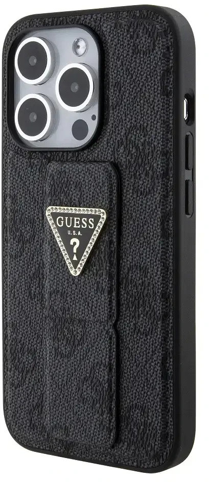 Guess GUHCP15XPGS4TDK Apple iPhone 15 Pro Max 6.7″ juodos spalvos kietas dėklas Grip Stand 4G Triangle Strass