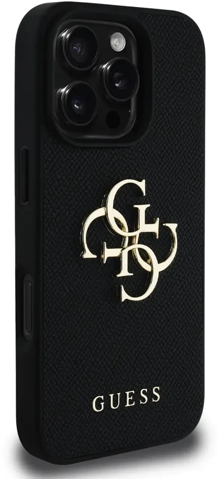 Dėklas Guess PU Grained 4G Metal Logo dėkals tavo Apple iPhone 16 Pro juodos spalvos