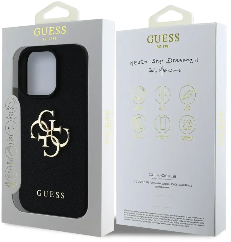 Dėklas Guess PU Grained 4G Metal Logo dėkals tavo Apple iPhone 16 Pro juodos spalvos
