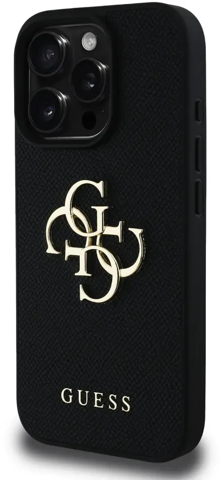 Dėklas Guess PU Grained 4G Metal Logo dėkals tavo Apple iPhone 16 Pro juodos spalvos