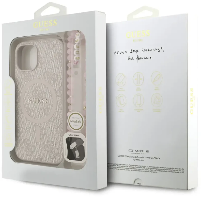 Guess PU Leather 4G Colored Ring Strap MagSafe dėklas skirtas Apple iPhone 14 rožinės spalvos
