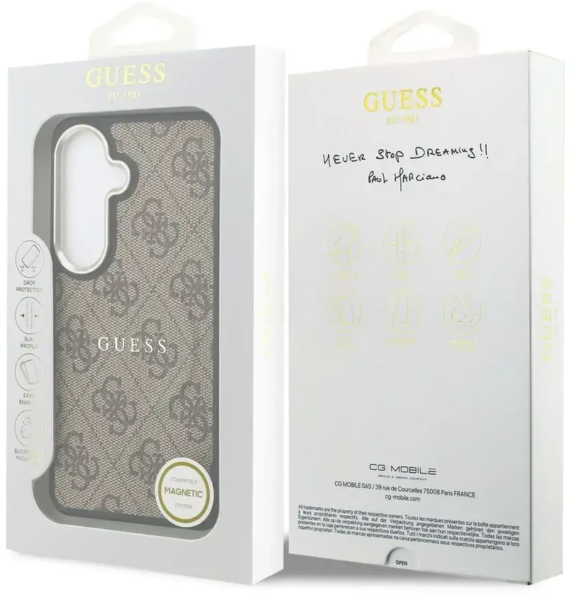 „Guess“ PU odos 4G auksinio rėmelio telefono dėklas, skirtas „Samsung Galaxy S26“ (S942), rudas