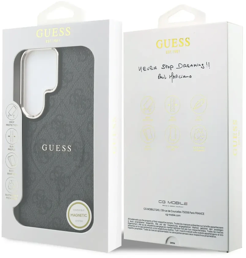 „Guess“ PU odos 4G auksinio rėmelio telefono dėklas su „MagSafe“ palaikymu, skirtas „Samsung Galaxy S26 Ultra“ (S948) juodas