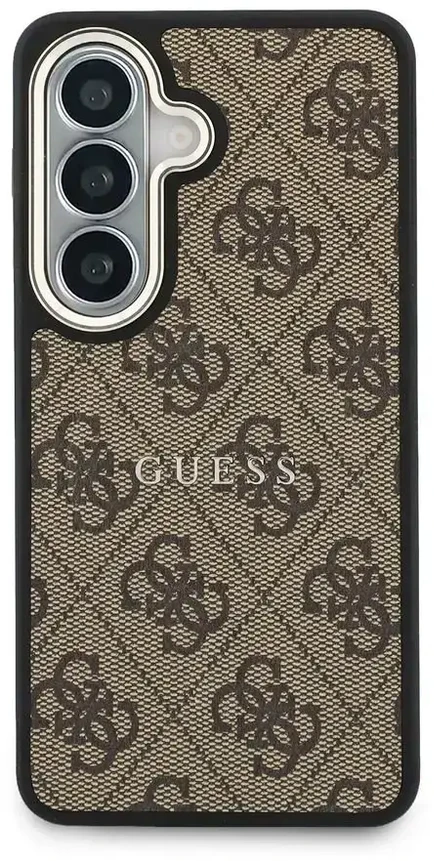 „Guess“ PU odos 4G auksinio rėmelio telefono dėklas, skirtas „Samsung Galaxy S26“ (S942), rudas
