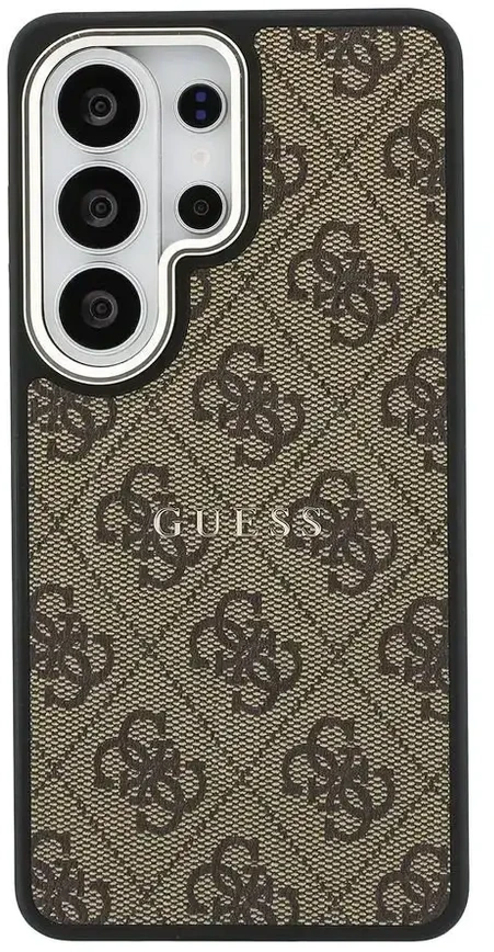 Dėklas „Guess“ PU odos 4G auksinis rėmelis telefono dėklui, skirtas „Samsung Galaxy S26 Ultra“ (S948), rudas
