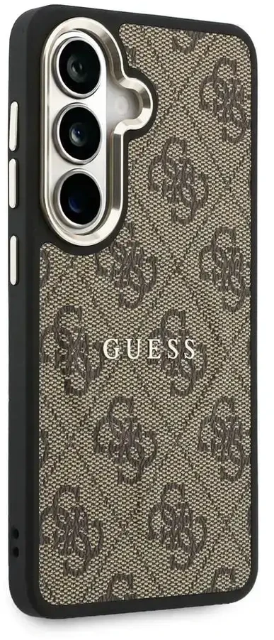 „Guess“ PU odos 4G auksinio rėmelio telefono dėklas, skirtas „Samsung Galaxy S26“ (S942), rudas