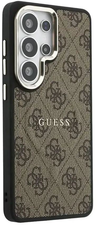 Dėklas „Guess“ PU odos 4G auksinis rėmelis telefono dėklui, skirtas „Samsung Galaxy S26 Ultra“ (S948), rudas