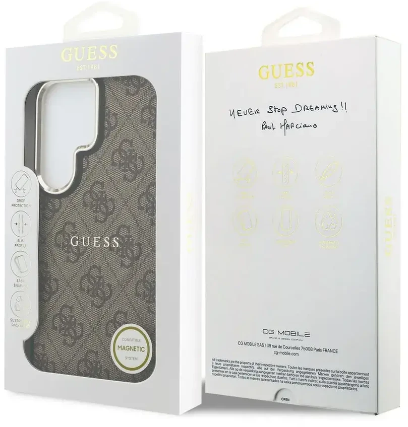Dėklas „Guess“ PU odos 4G auksinis rėmelis telefono dėklui, skirtas „Samsung Galaxy S26 Ultra“ (S948), rudas