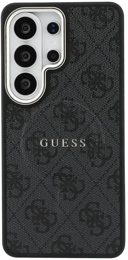 „Guess“ PU odos 4G auksinio rėmelio telefono dėklas su „MagSafe“ palaikymu, skirtas „Samsung Galaxy S26 Ultra“ (S948) juodas